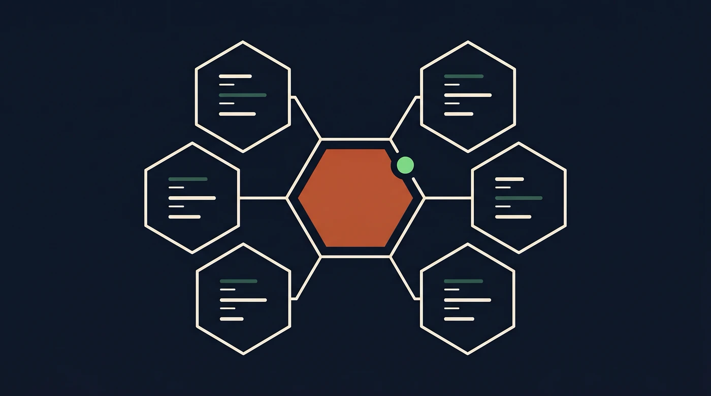 Stylized hexagonal network — a central terracotta hex surrounded by six outlined hexes holding lines of code, suggesting structured reasoning pulled from many models.